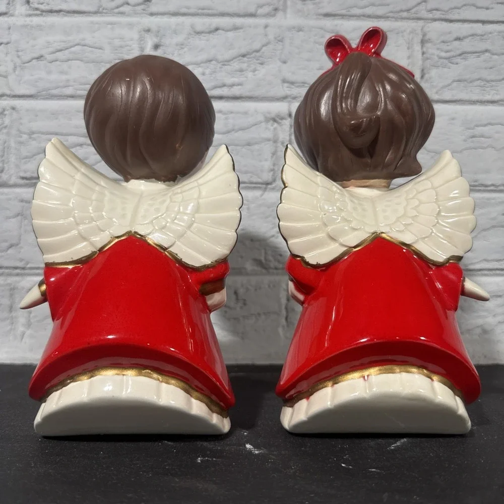 VTG MCM 1976 Hand Painted Ceramic Christmas Choir Angels Set Of 2 7.5